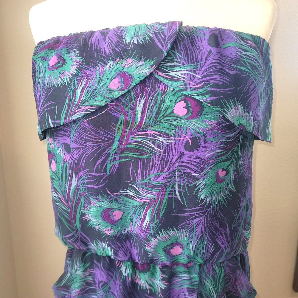 Kira Women’s Medium Purple/Green Strapless Peacock Feather Maxi Dress Pockets - Picture 4 of 11